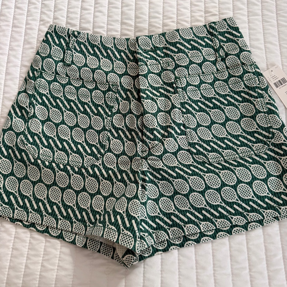 Maeve High Waist Green Patterned Shorts with tennis raquets